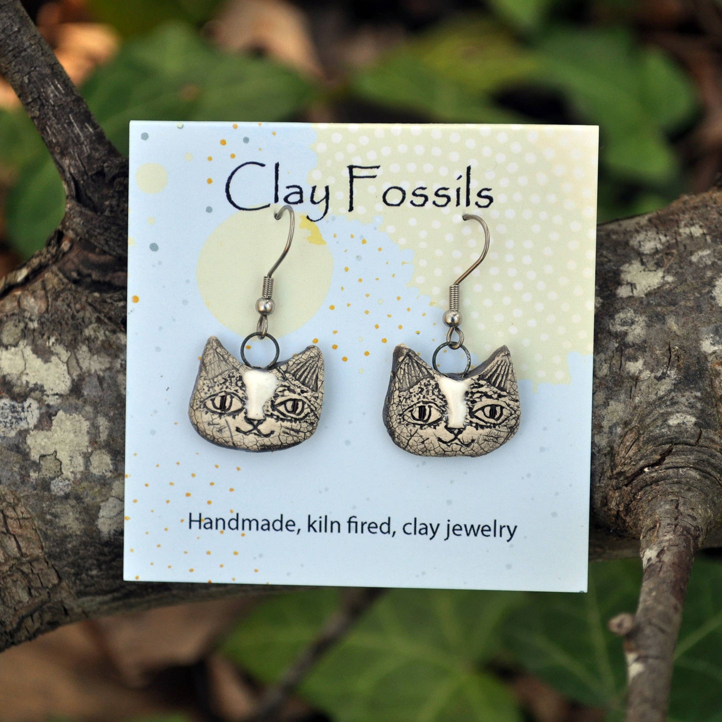 Earrings, human cat, white, fired pottery, clay, USA