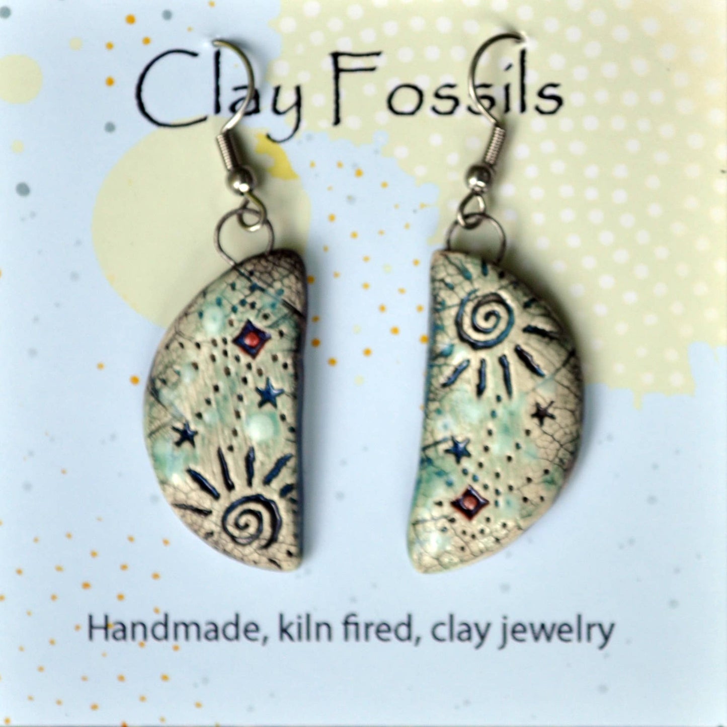 Pottery Earrings Half Round Stars and Sun Ceramic Earrings