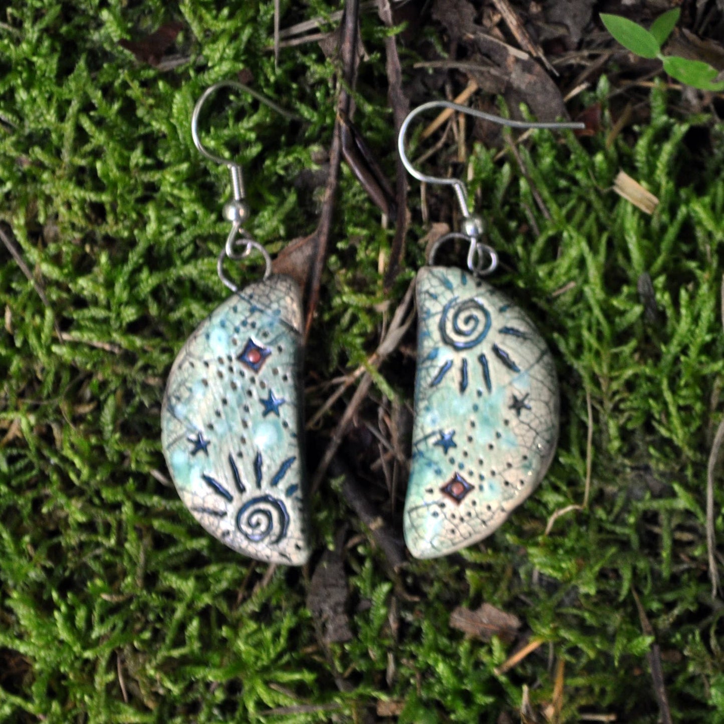 Pottery Earrings Half Round Stars and Sun Ceramic Earrings