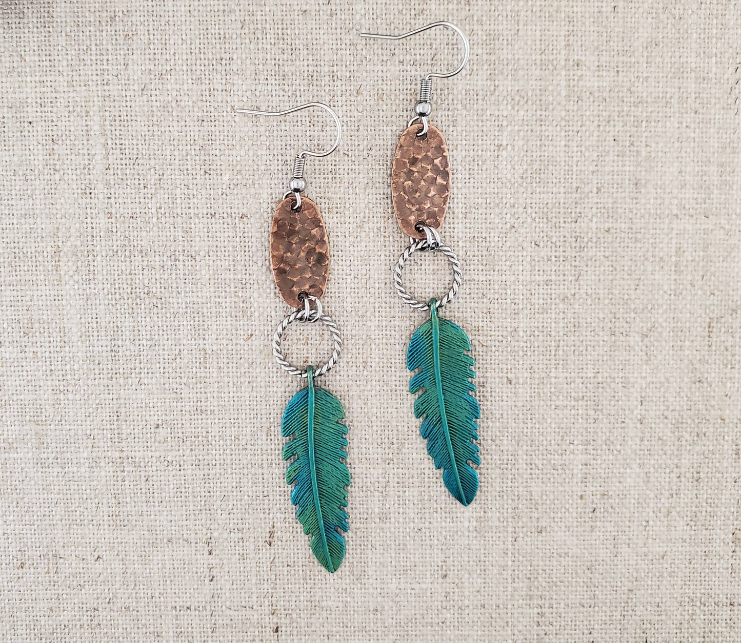 Brass Feather Paint Patina Stainless Feather Earrings