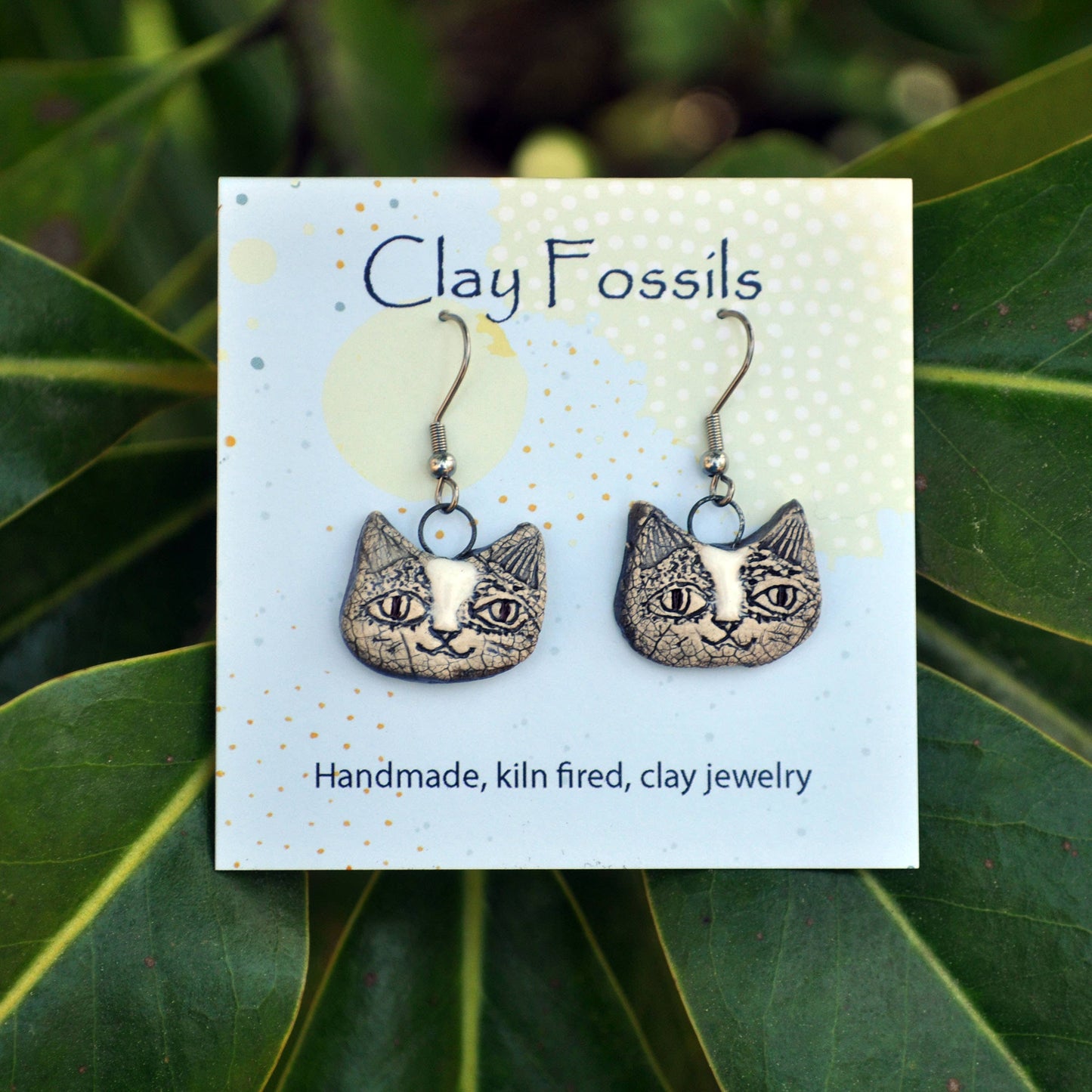Earrings, human cat, white, fired pottery, clay, USA