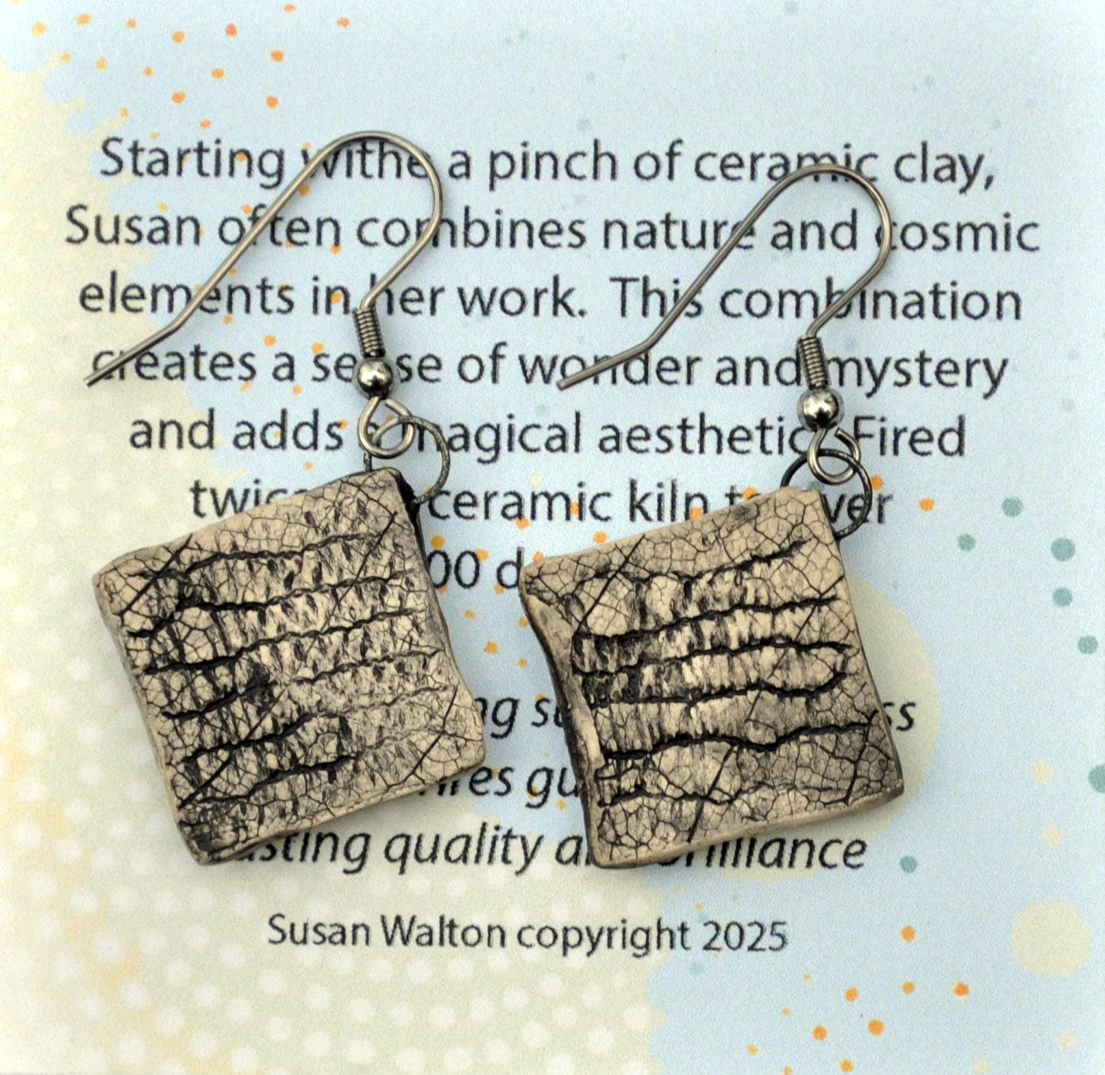 Earrings, Cosmic Peace, fired ceramic clay, USA
handmade 