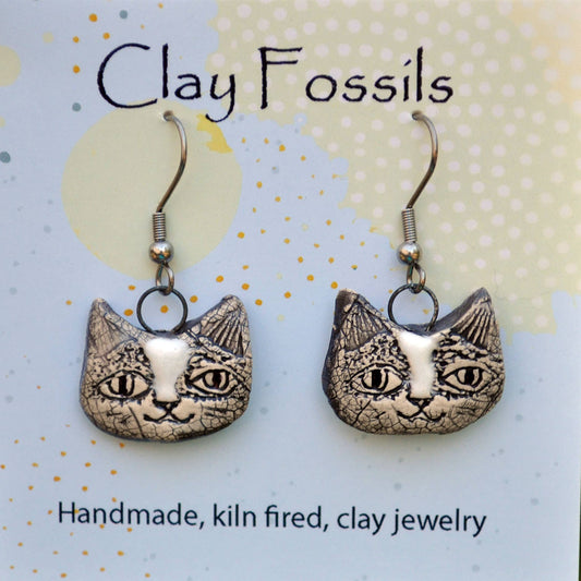 Earrings, human cat, white, fired pottery, clay, USA