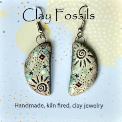 Pottery Earrings Half Round Stars and Sun Ceramic Earrings