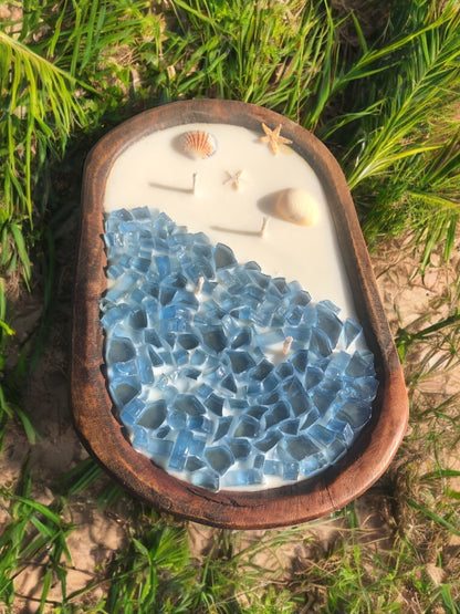 Coastal/Beach themed Fire Glass Dough Bowl Candle | Soy Candle | Pick Glass Color and Scent |