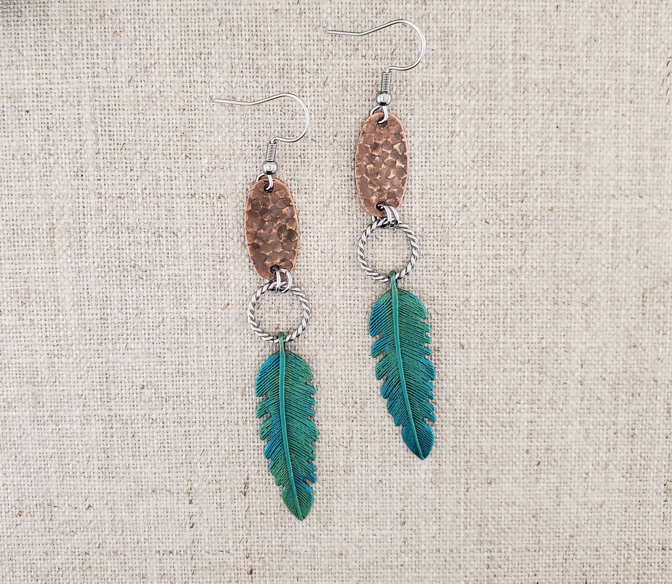 Brass  Feather Paint Patina  Stainless Feather Earrings