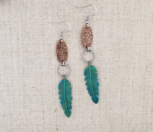 Brass  Feather Paint Patina  Stainless Feather Earrings